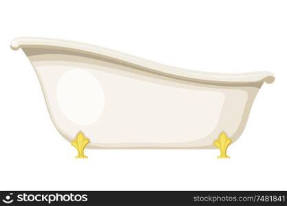 Vector illustration of retro bath on a white background. Vintage bath with golden metal legs. Subject of hygiene and water treatment. Tub