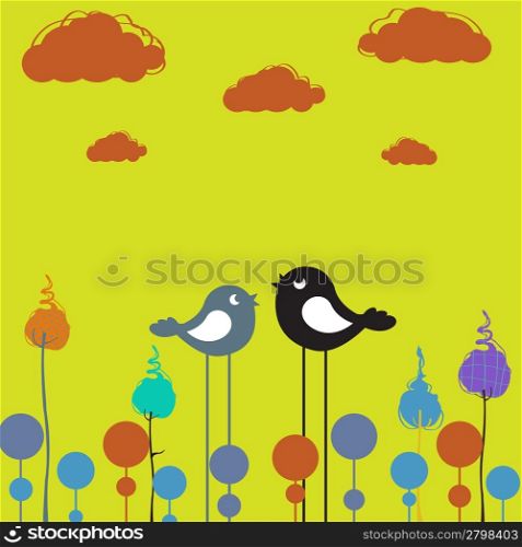 Vector Illustration of retro Flowery design greeting card with group of retro-style birds