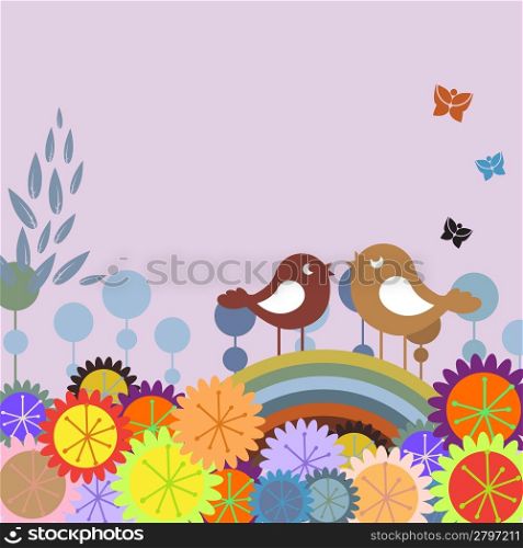 Vector Illustration of retro Flowery design greeting card with two of retro-style birds