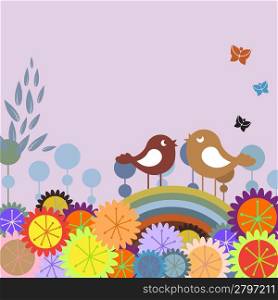 Vector Illustration of retro Flowery design greeting card with two of retro-style birds