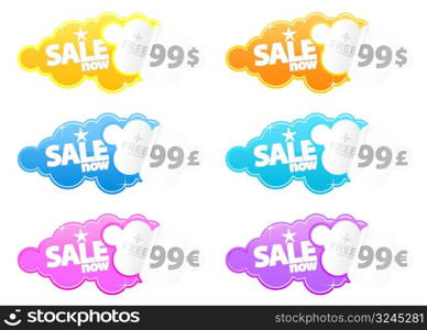 Vector illustration of retro peeling stickers with sale text and space for Euro, Pound or Dollar price tag. Customizable.