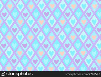 Vector illustration of retro rhombs with blue hearts pattern on the violet background
