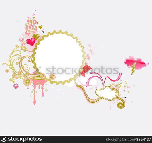 Vector illustration of retro styled design frame made of floral elements and funky hearts