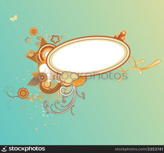 Vector illustration of retro styled design frame made of floral elements and funky stars