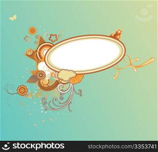 Vector illustration of retro styled design frame made of floral elements and funky stars