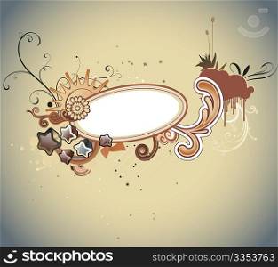 Vector illustration of retro styled design frame made of floral elements and funky stars