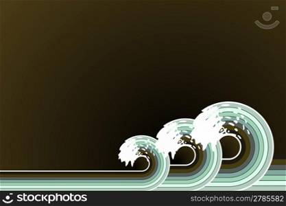 Vector illustration of retro water waves spiraling backwards with stylized white splashes. Copy space.