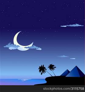 Vector illustration of romantic travel background with cartoon skyline silhouettes of Pyramids in Egypt