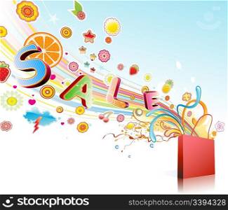 Vector illustration of sale styled design on the with funky Design elements out-coming from shopping bag
