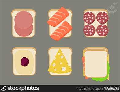 Vector illustration of sandwiches.. Icons sandwiches with sausage, salmon and butter in flat style.