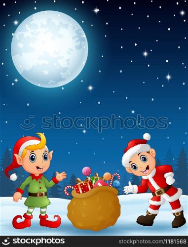 Vector illustration of Santa claus kid with cartoon elf present a sack full of gifts in the winter night background