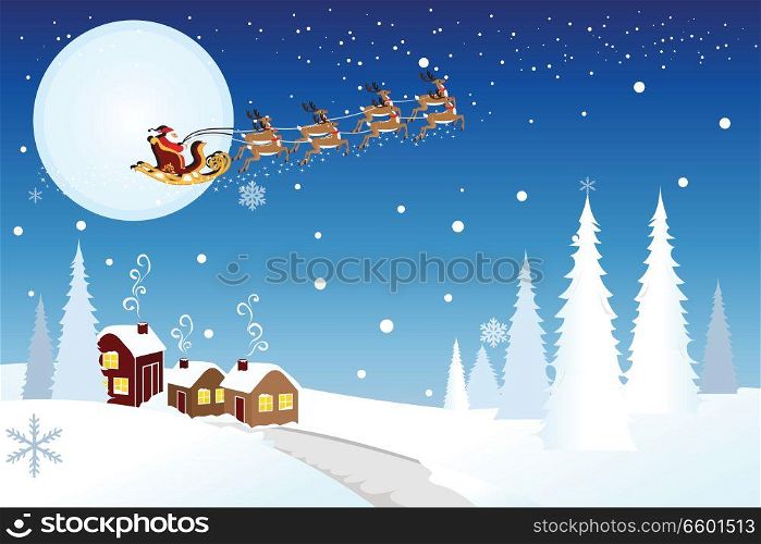 Vector illustration of Santa Claus riding the the sleigh pulled by reindeers in the middle of winter night