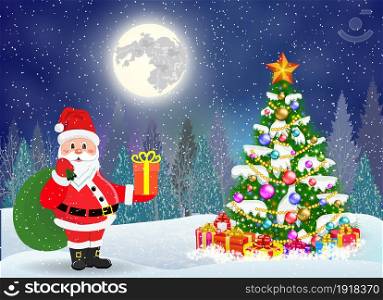 Vector illustration of Santa Claus with gift bag decorating a Christmas tree. concept for greeting or postal card. New year and Christmas winter landscape background. cute snowman decorating a Christmas tree