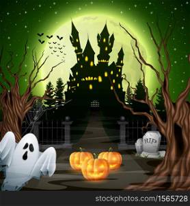 Vector illustration of Scary castle with pumpkins on the full moon