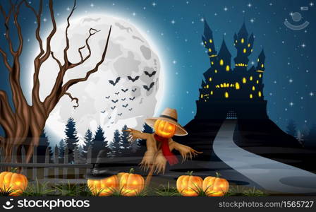 Vector illustration of Scary castle with scarecrow and pumpkins on the full moon