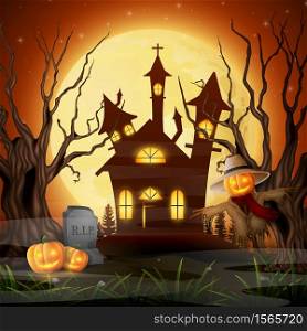 Vector illustration of Scary church background with scarecrow and pumpkins