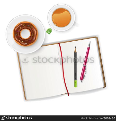 Vector illustration of Scene with notebook and tea