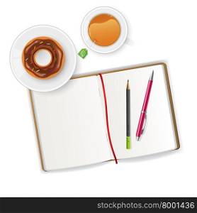 Vector illustration of Scene with notebook and tea