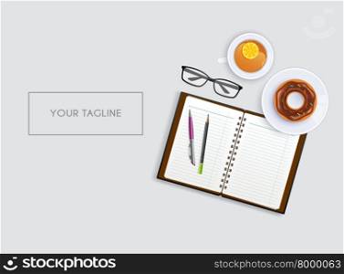 Vector illustration of Scene with notebook and tea. Scene with notebook and tea