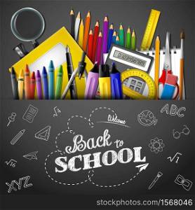 Vector illustration of School background with school supplies and empty paper