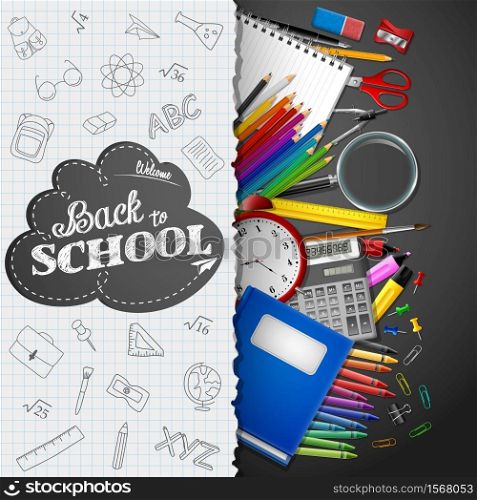Vector illustration of School background with school supplies and paper on black background