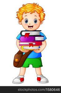 Vector illustration of School boy holding stack of books