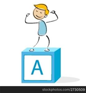 vector illustration of school boy standing on alphabet block against an isolated background