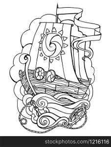 Vector illustration of sea ship with an anchor and helm. Template coloring for adults.. Vector illustration of sea ship with an anchor and helm. Templat