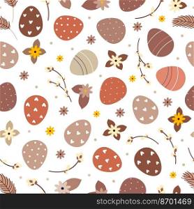 Vector illustration of seamless background of Easter eggs and flowers and pussy willow . Background of pattern for Easter holiday