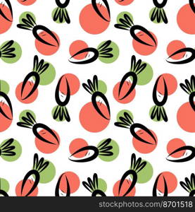 Vector illustration of seamless background of orange and green carrots on beige surface. Seamless pattern of orange carrots