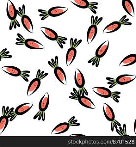 Vector illustration of seamless background of orange and green carrots on beige surface. Seamless pattern of orange carrots