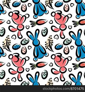 Vector illustration of seamless background of rabbits and eggs and carrots for Easter holiday on white background. Pattern with bunnies and carrots for Easter