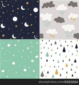 Vector illustration of seamless pattern background set with moon, star, rain, snowflakes and cloud