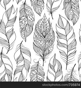 Vector illustration of seamless pattern with abstract feathers.Coloring page for adult.. pattern with abstract feathers