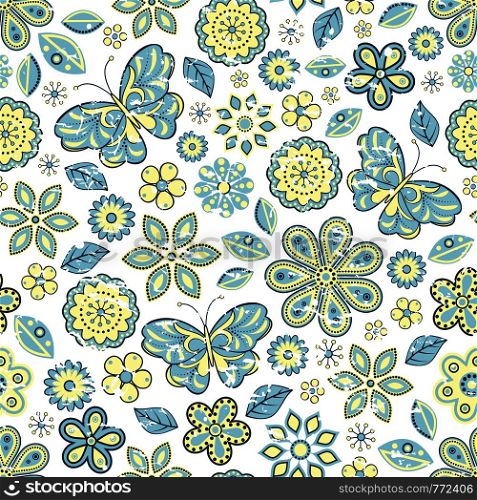Vector illustration of seamless pattern with abstract flowers and butterflies.Floral background
