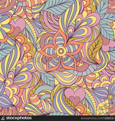 Vector illustration of seamless pattern with abstract flowers,hearts,leaves and lines.