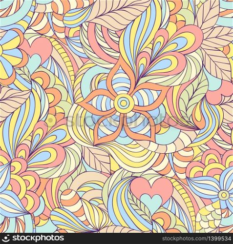 Vector illustration of seamless pattern with abstract flowers,hearts,leaves and lines.