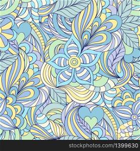 Vector illustration of seamless pattern with abstract flowers,leaves and hearts.