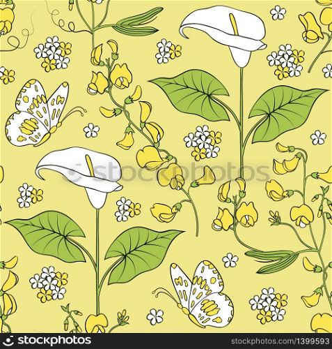 Vector illustration of seamless pattern with calla flowers.Floral background