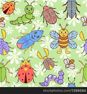 Vector illustration of seamless pattern with cute colorful insects.