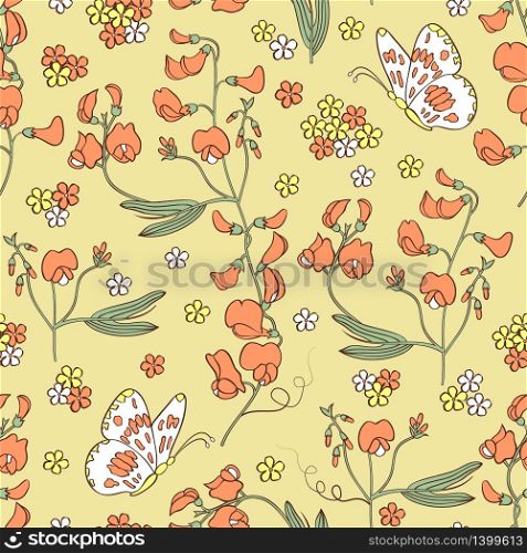 Vector illustration of seamless pattern with flowers and butterflies.Floral background