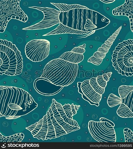 Vector illustration of seamless pattern with ocean inhabitants.Underwater world