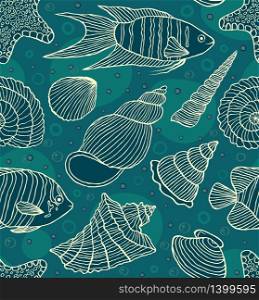 Vector illustration of seamless pattern with ocean inhabitants.Underwater world