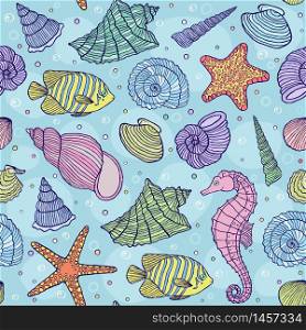 Vector illustration of seamless pattern with ocean shells.Underwater world