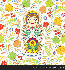 Vector illustration of seamless pattern with russian doll matryoshka and abstract flowers