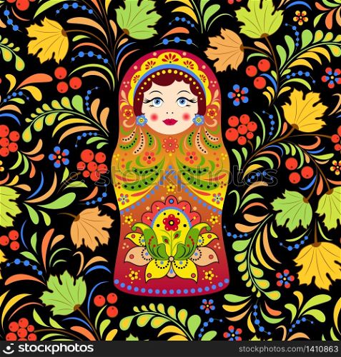 Vector illustration of seamless pattern with russian doll matryoshka and abstract flowers
