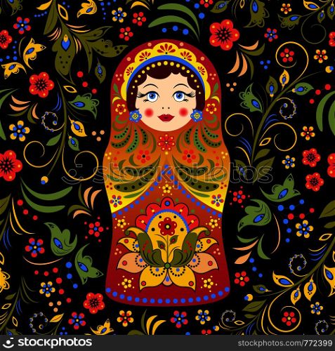 Vector illustration of seamless pattern with russian doll matryoshka and abstract flowers