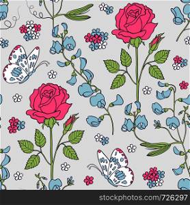 Vector illustration of seamless pattern with summer flowers.Floral background