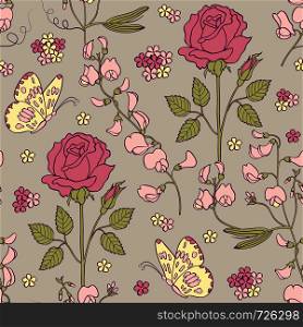 Vector illustration of seamless pattern with summer flowers.Floral background