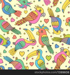 Vector illustration of seamless pattern witn tropical birds - toucans and parrots